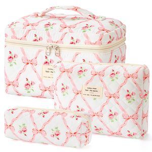 Quilted Makeup Bag, 3pcs Cotton Large Travel Makeup Bag, Cute Floral Coquette🐨
